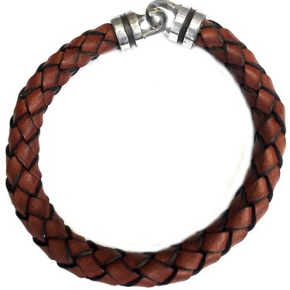 CATHERINE ZEDEH BROWN BRAIDED LEATHER - STERLING SILVER CLASP MENS BRACELET 8"